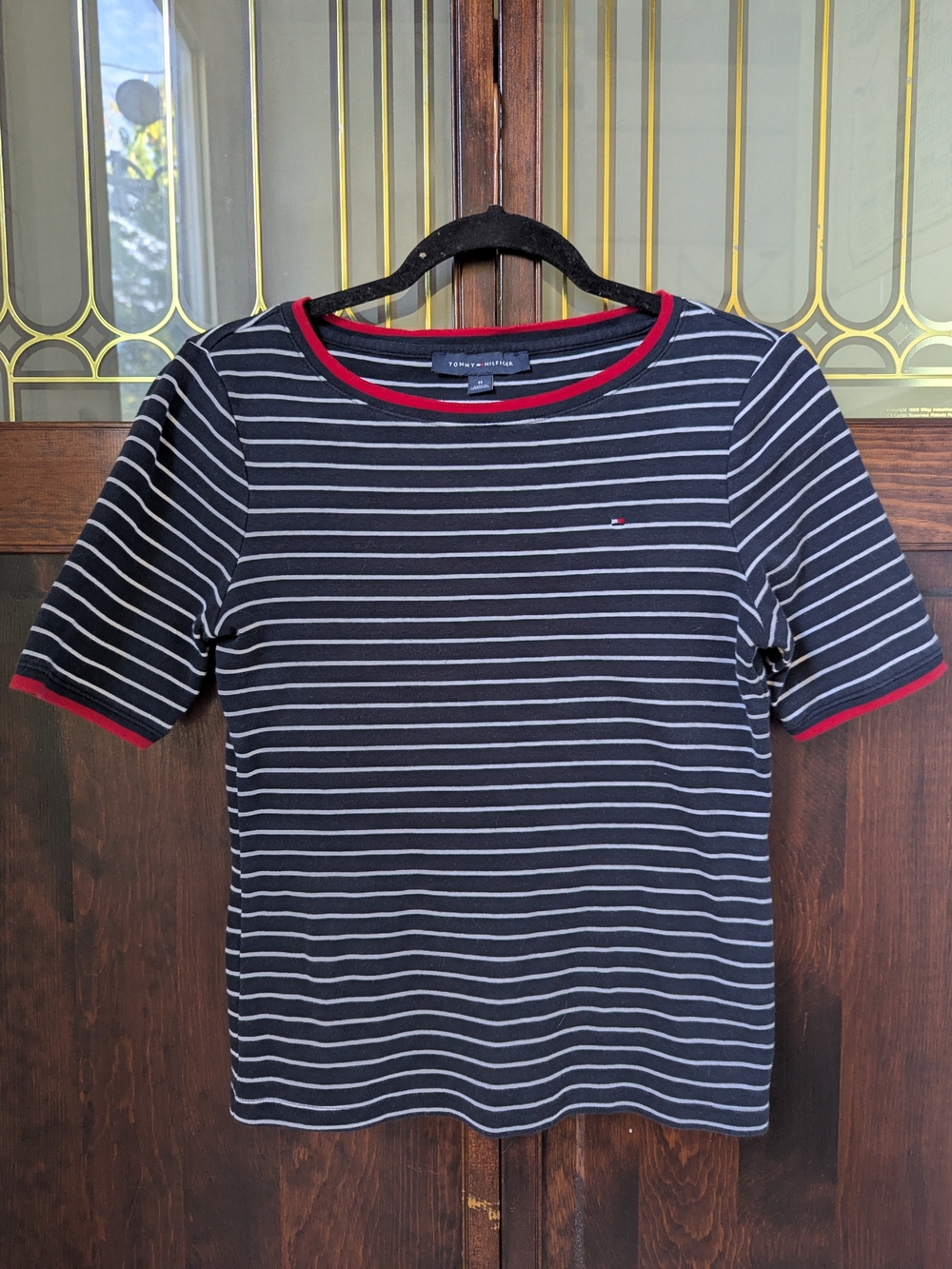 Tommy Hilfiger Navy & White Striped Short Sleeve Tee with Red Trim